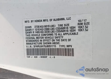 2018 Honda Odyssey Ex-L из США, поврежденный, VIN 5FNRL6H70JB051715